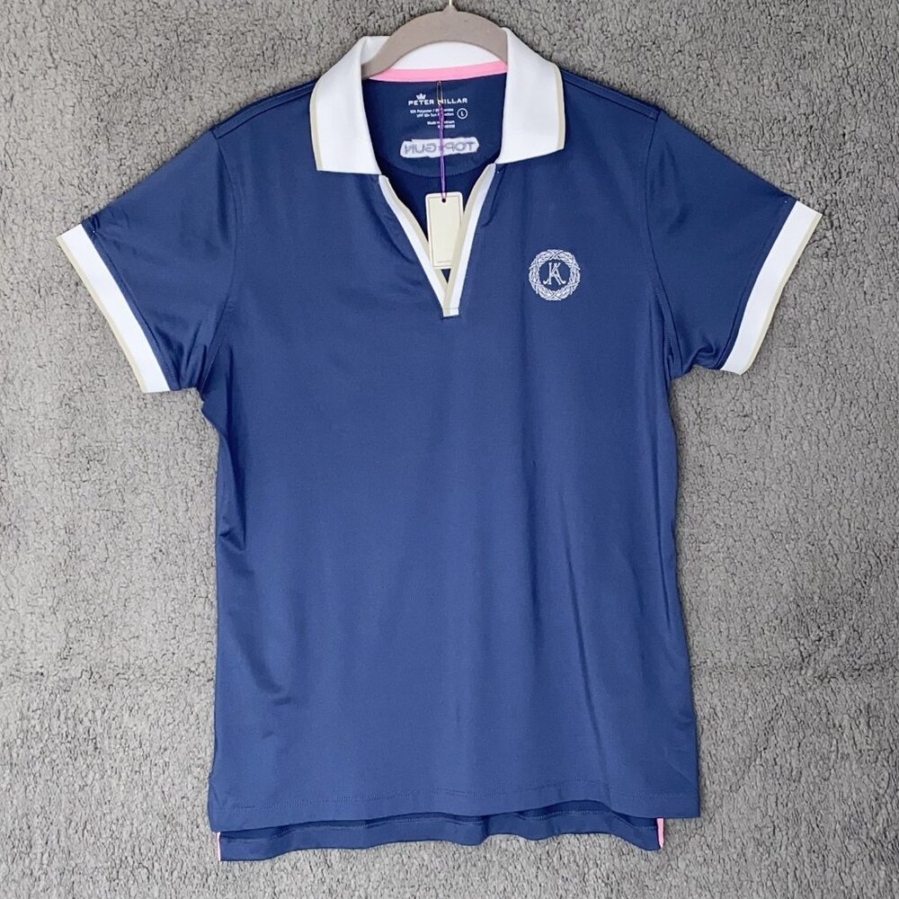 Peter Millar Navy Wade Drop-V Polo Women's‎ sz L 'TOP GUN'